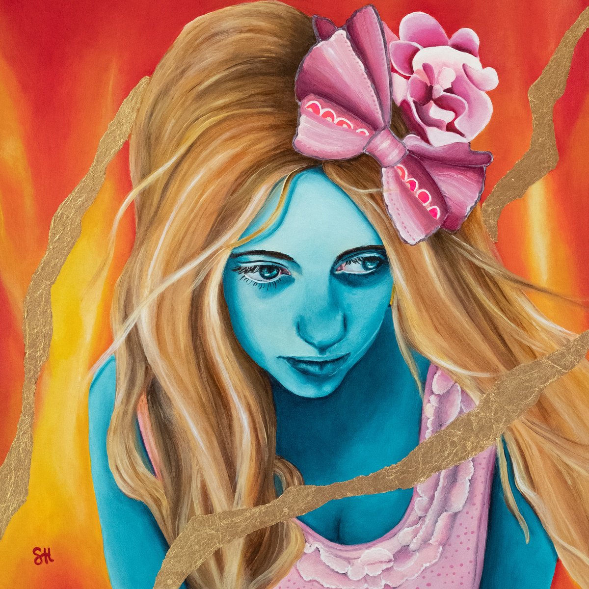 Surrealistic Portrait Acrylic Painting By Saskia Huitema, 8 X 8", Burn Baby, Burn, Original Artwork