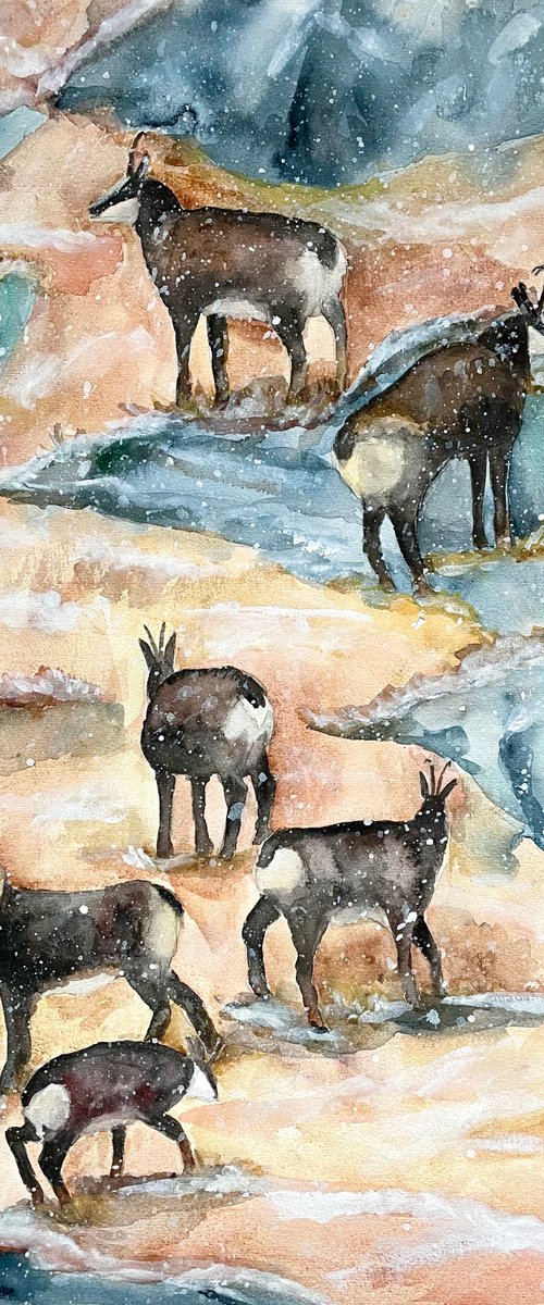 Mountain Large Original Watercolor Painting, Chamois Artwork, Goat Wall Art, Snowy Landscape Art, Farmhouse Home Decor by Kate Grishakova