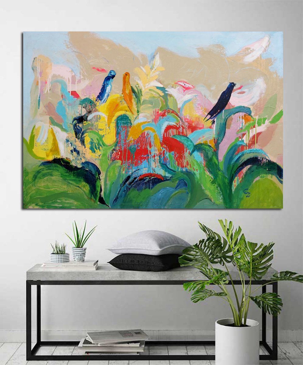 Expressive Oil Painting , The Birds Song By Victoria Cozmolici, 57 X 39, Artwork For Sale On Artfinder