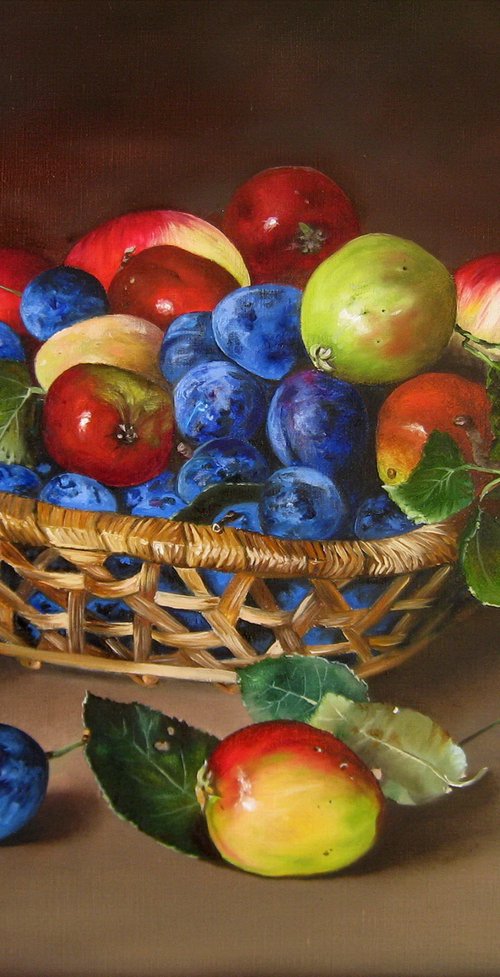 Fruit in a Basket Canvas Wall Art, Colorful Artwork, Original Still life by Natalia Shaykina