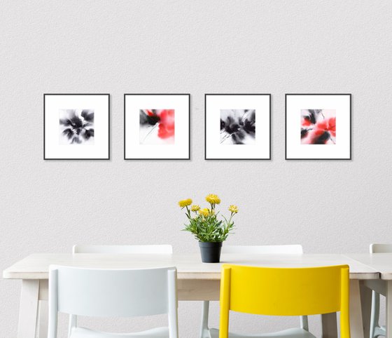 Black and red abstract flowers Set of 4
