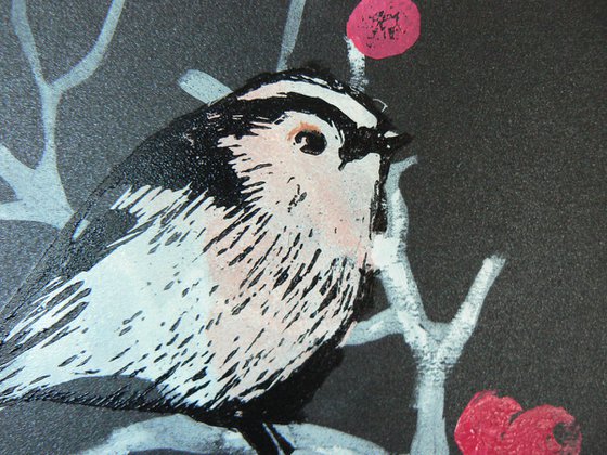 Short stories and long tails  (linocut of Aegithalos caudatus or long tailed tits)