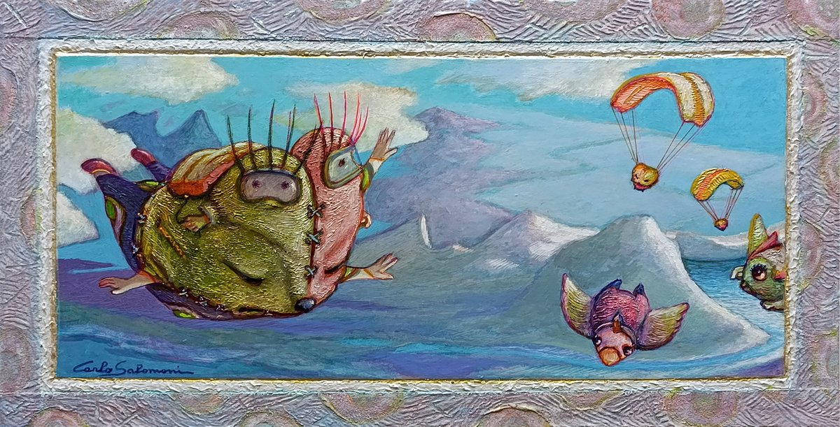 Surrealistic Portrait Painting By Carlo Salomoni, 20 X 10, Flight Companions, Original Artwork