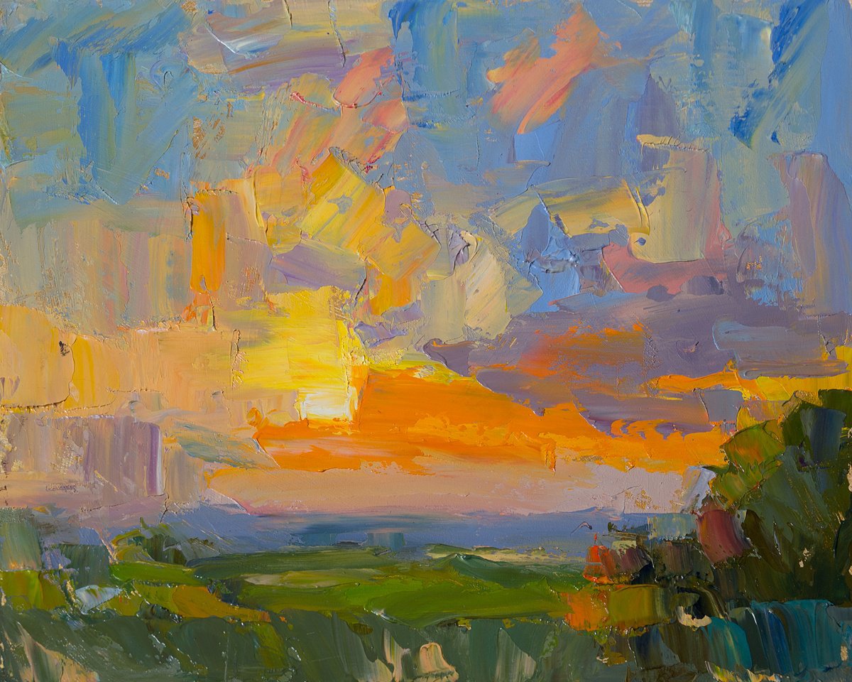 Impressionistic Landscape Oil Painting By Daria Zavadenko, 12 X 9, Under Fiery Skies, Original Artwork