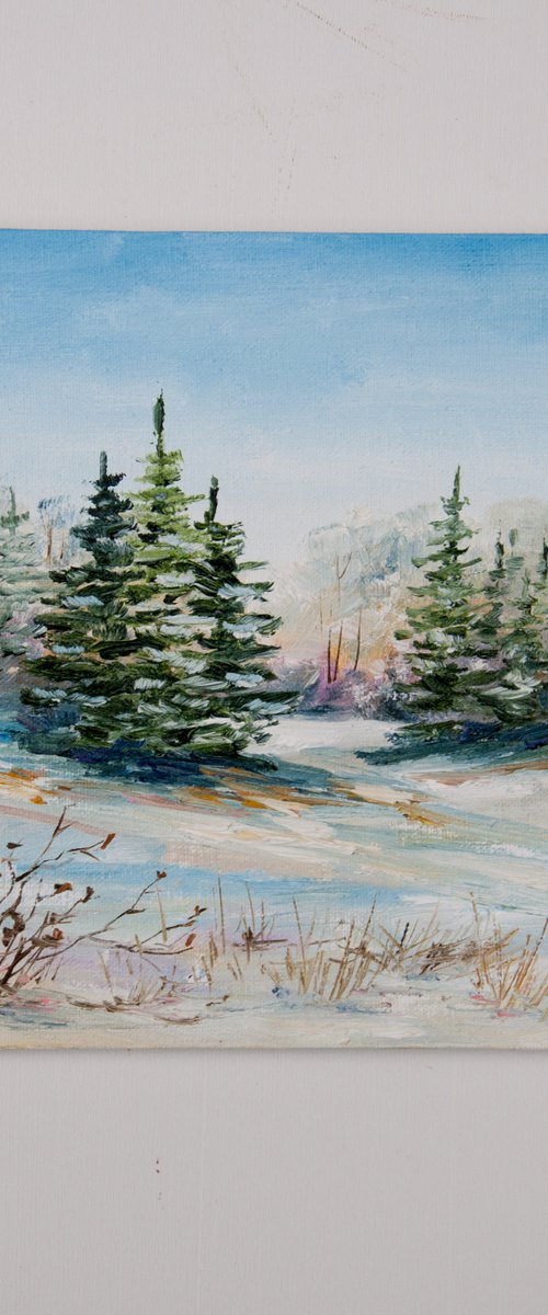 Winter forest. Oil painting. Original Art. Christmas trees. Miniature 6" x 6" by Tetiana Vysochynska