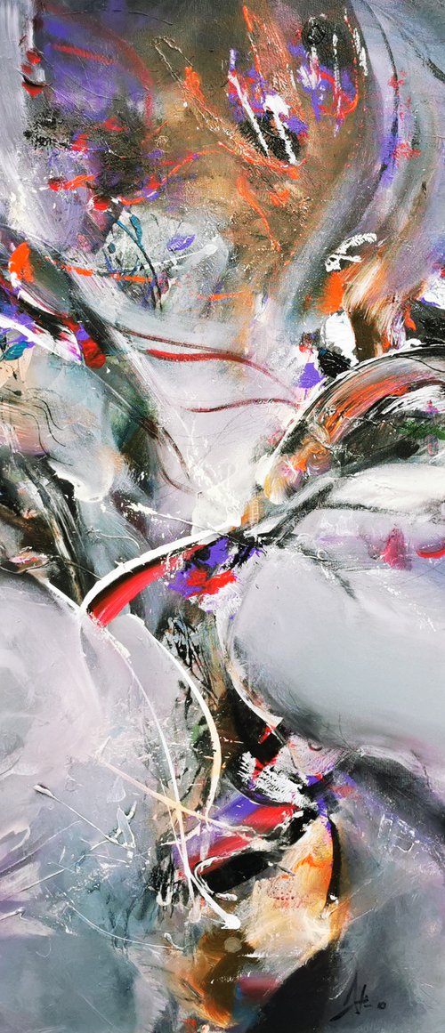 Large beautiful abstract action painting flowers in a pot enigmatic art by Kloska by Kloska Ovidiu