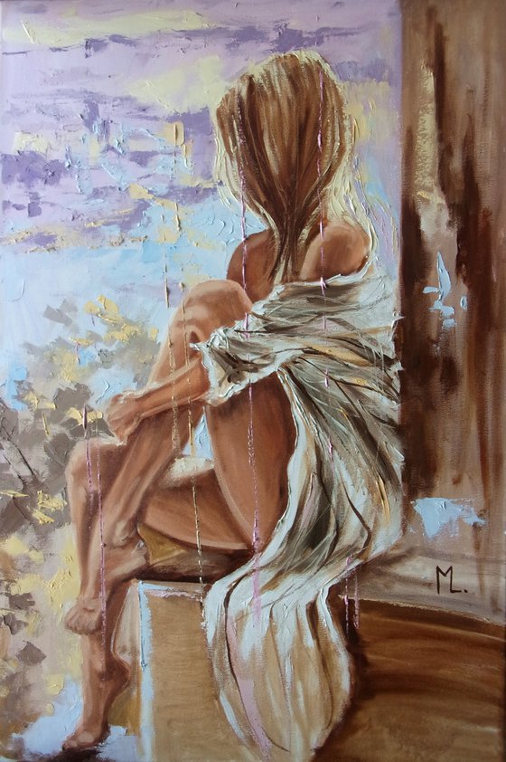 For P. " OVER THE ROOFS ... "-   liGHt  ORIGINAL OIL PAINTING, GIFT, PALETTE KNIFE nude WINDOW