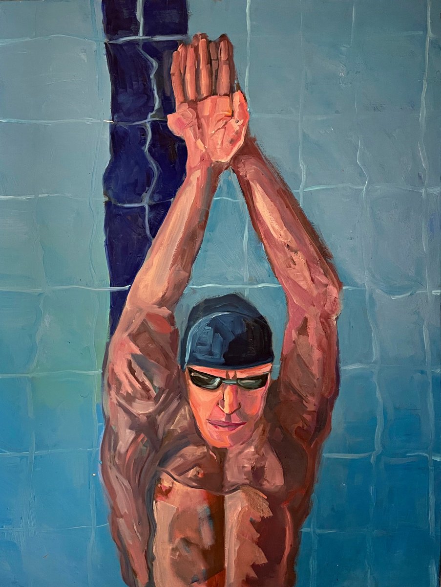 Impressionistic Portrait Oil Painting By Ulli Schmitt, 24 X 31", Swimming John, Original Artwork