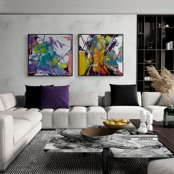 Big XXL Abstract painting - "Bright mirage" - Abstraction - Geometric - Space abstract - Big painting - Bright abstract - Diptych abstract