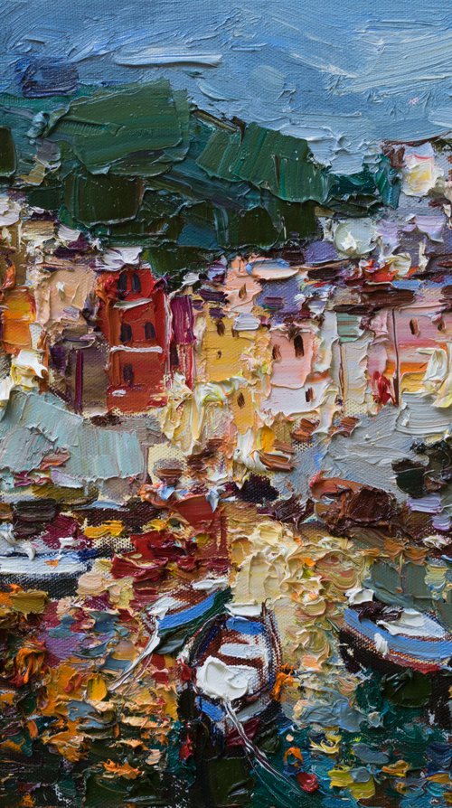 Riomaggiore, Cinque terre - Italian Landscape painting by Anastasiia Valiulina