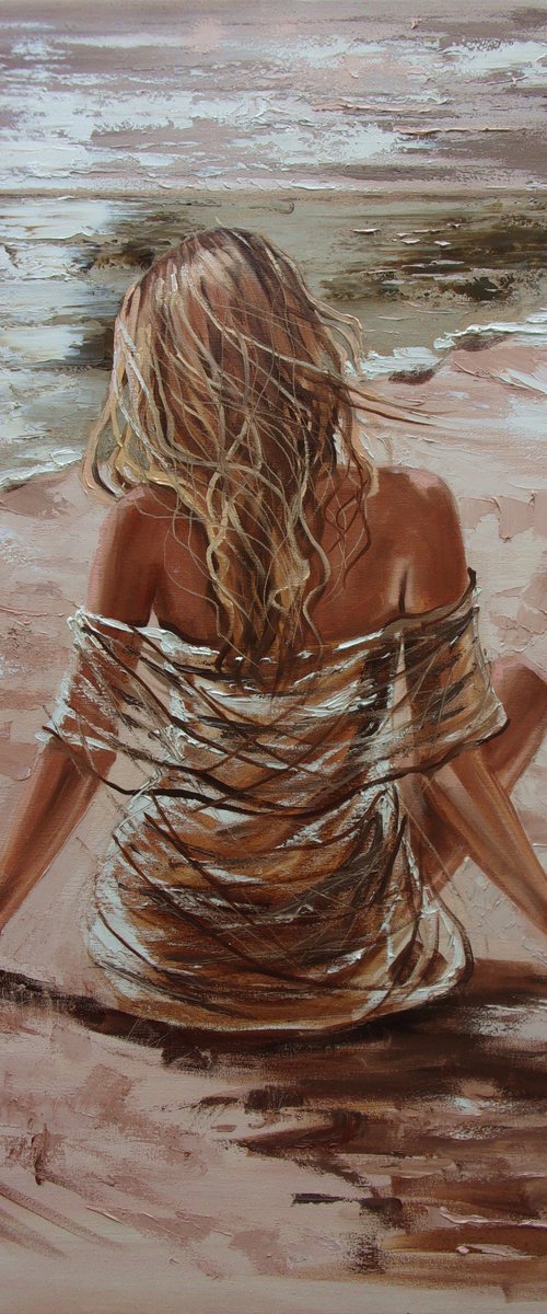 " SILENCE ... " 100X70CM original painting SEA SPRING palette knife GIFT by Monika Luniak