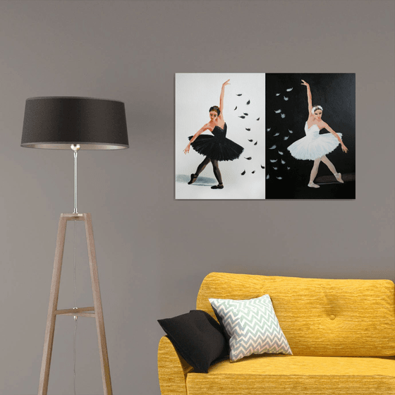 Black and White Swan. Ballet. Diptych /  ORIGINAL PAINTING