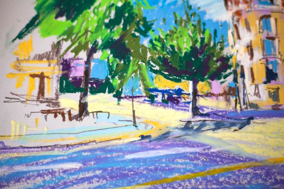 Street view of Geneva, Switzerland. Impressionistic etude ORIGINAL OIL PASTEL PAINTING. SMALL CITYSCAPE IMPRESSIONISM IMPRESSION DECOR TRAVEL bright