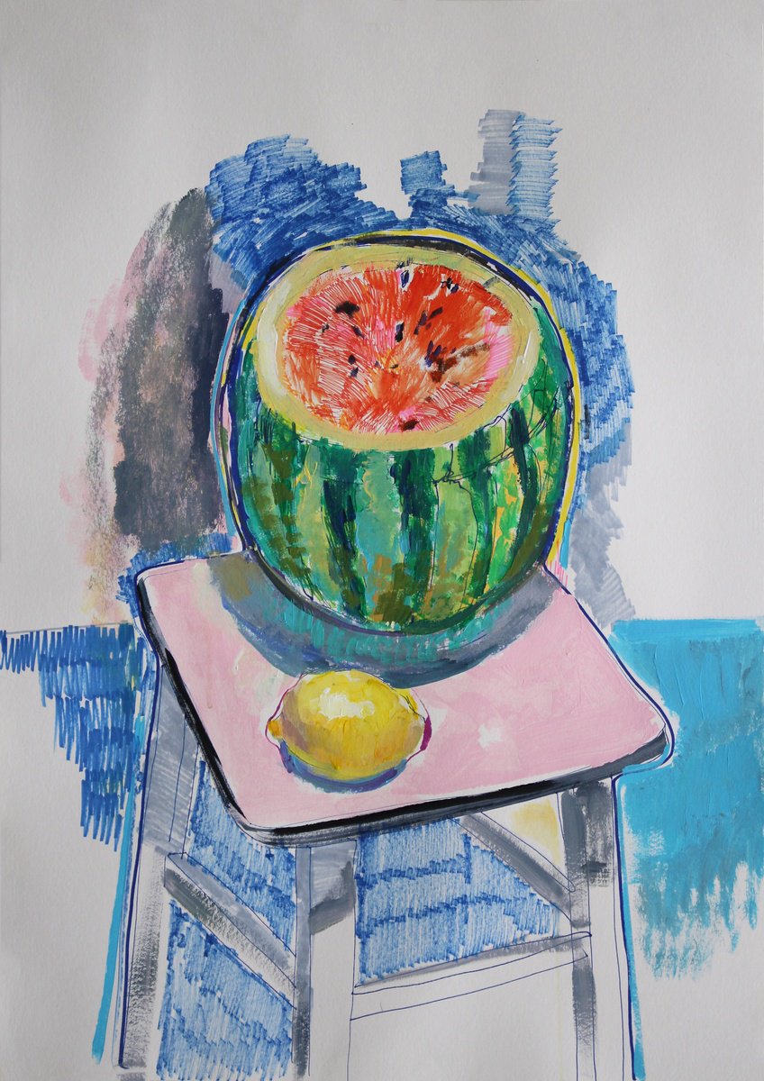 Impressionistic Still Life Acrylic Painting By Artem Andreichuk, 24 X 34, Watermelon, Original Artwork
