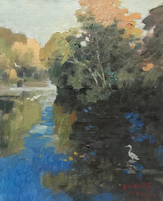 Original Oil Painting Wall Art Signed unframed Hand Made Jixiang Dong Canvas 25cm × 20cm Landscape Blue Mesopotamia River Small Impressionism Impasto