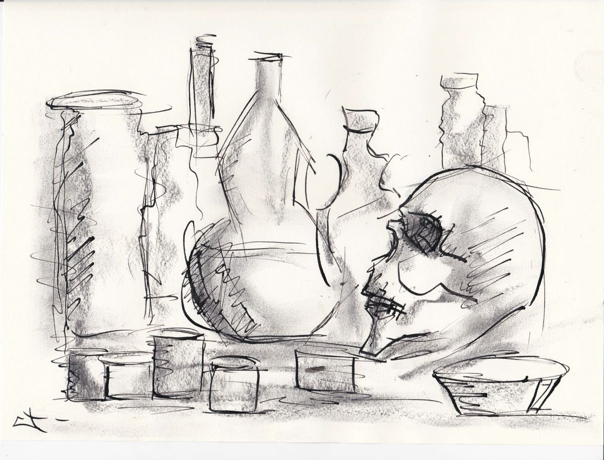 Expressive Still Life Charcoal Drawing By Lionel Le Jeune, 12 X 8", Still Life, Original Artwork
