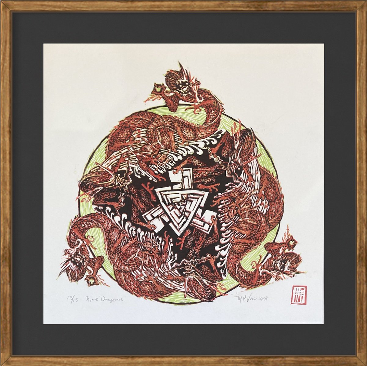 Geometric Animal Linocut By Michael E. Voss, 22 X 22", Nine Dragons, Original Artwork