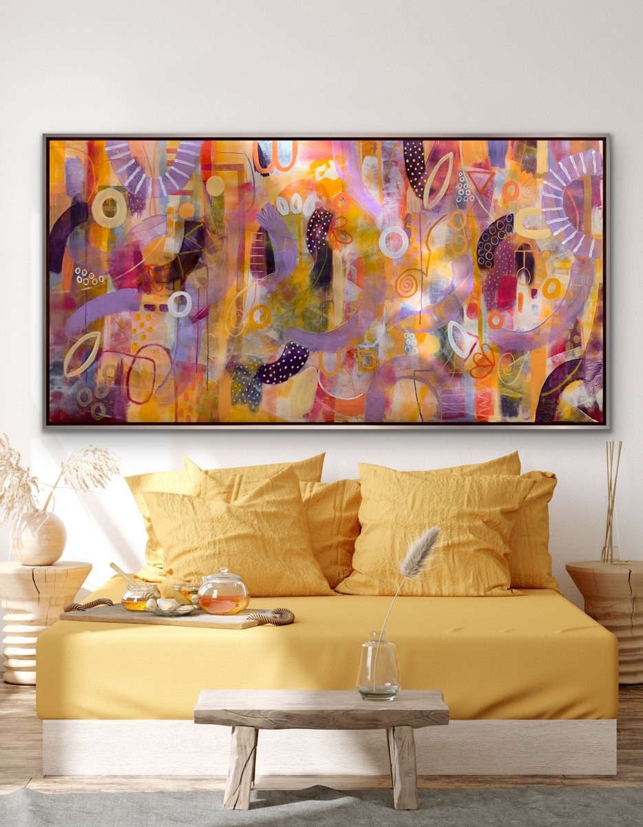 Organic Abstract Acrylic Painting By Rashna Hackett, 72 X 37", An Unattended Garden, Original Artwork