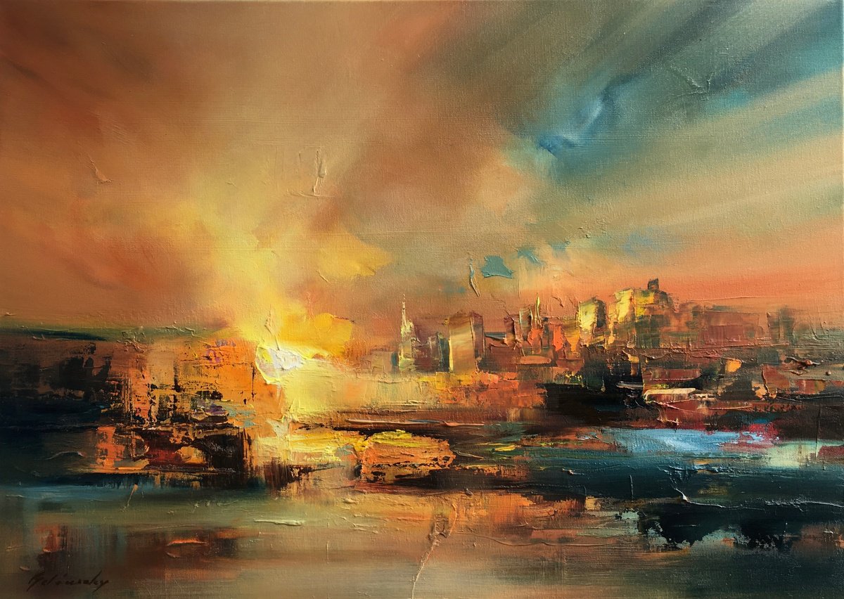 Impressionistic Landscape Oil Painting By Beata Belanszky Demko, 28 X 20, Golden Hour, Original Artwork