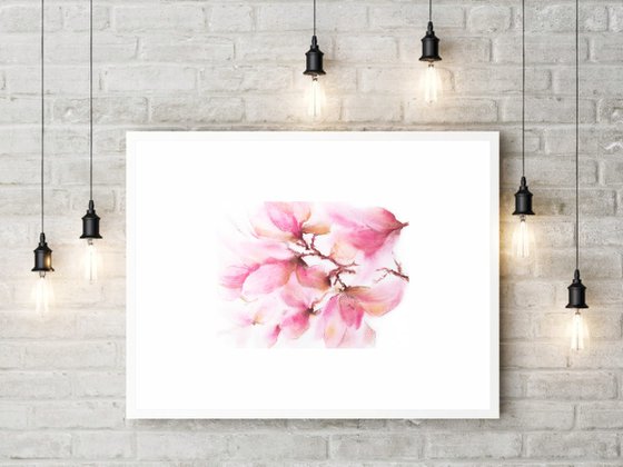 Watercolor floral painting Spring magnolias