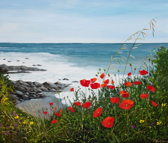 Seascape. Oil painting. Red poppies and sea. On canvas. 24 x 28in.