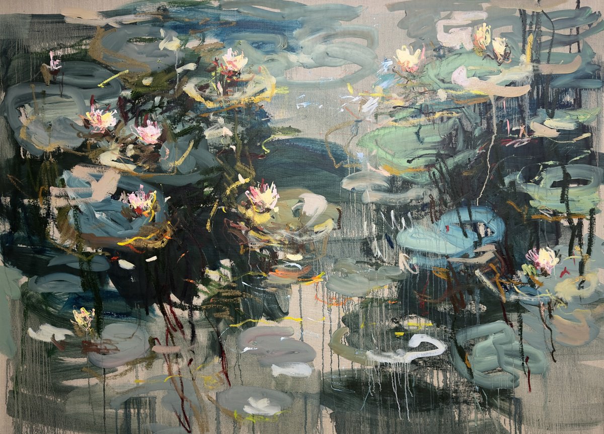 Expressive Abstract Oil Painting By Lilia Orlova-Holmes, 75 X 53", Summer Pond. Water Lilies, Original Artwork