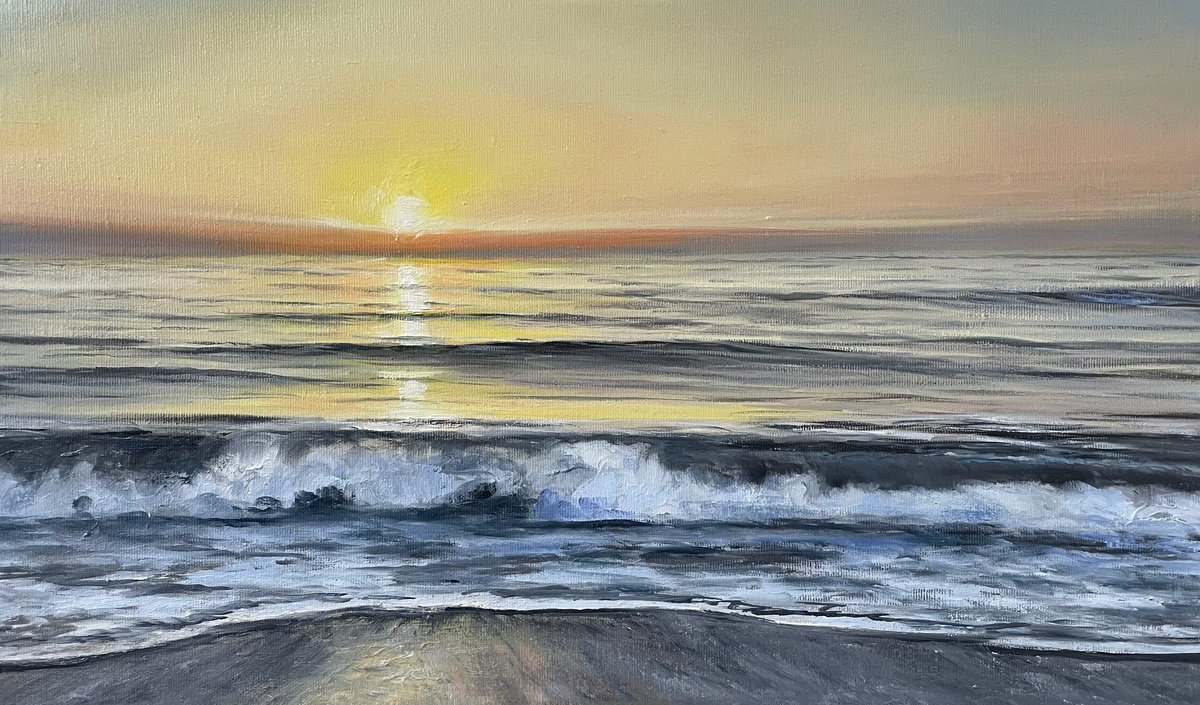 Photorealistic Landscape Oil Painting By Aflatun Israilov, 20 X 12, Ocean Sunset View Series 2024, Original Artwork
