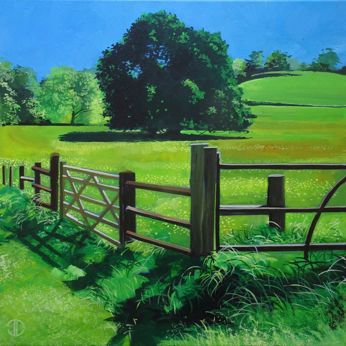 Impressionistic Landscape Acrylic Painting By Joseph Lynch, 20 X 20, Greenfields And Buttercups, Original Artwork