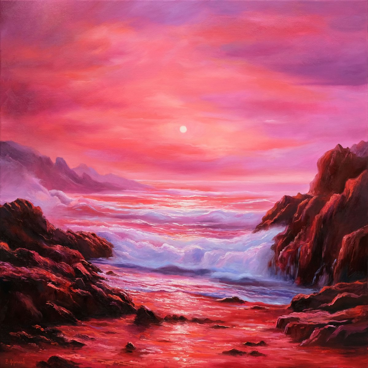 Photorealistic Landscape Oil Painting By Behshad Arjomandi, 39 X 39, Red Seascape Fantasy, Original Artwork