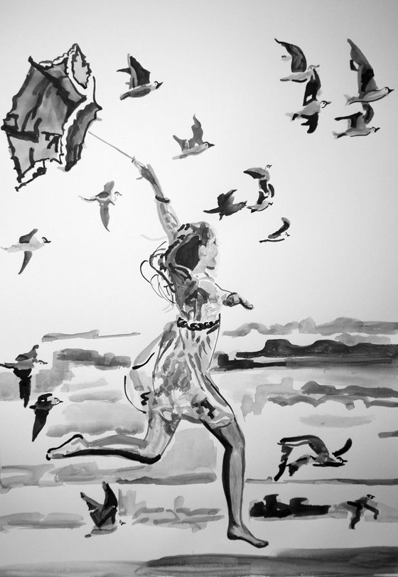 Girl and  seagulls / 72 X 50 cm