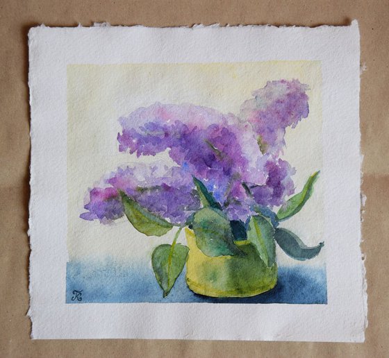 Lilac flowers original watercolor painting on craft paper, Botanical still life, romantic postcard