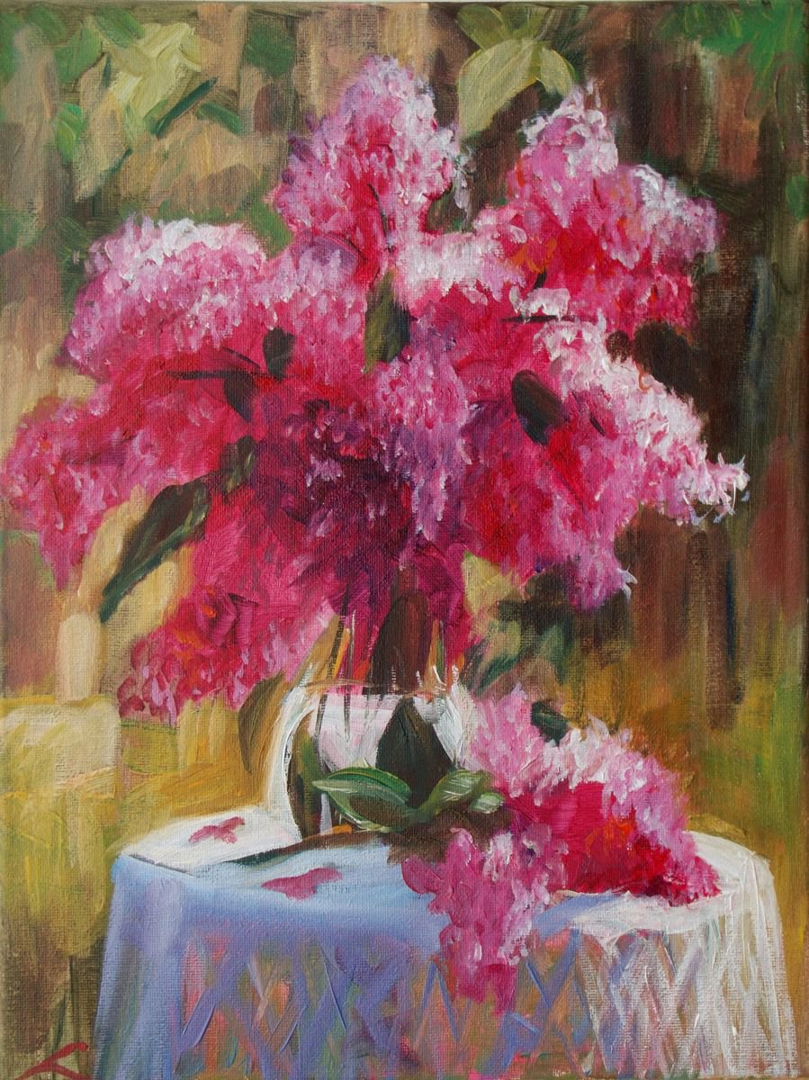 Impressionistic Botanical Oil Painting By Elena Sokolova, 12 X 16, Lilac2, Original Artwork