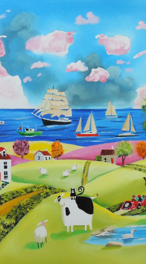 Folk art cow and sheep landscape oil painting by Gordon Bruce
