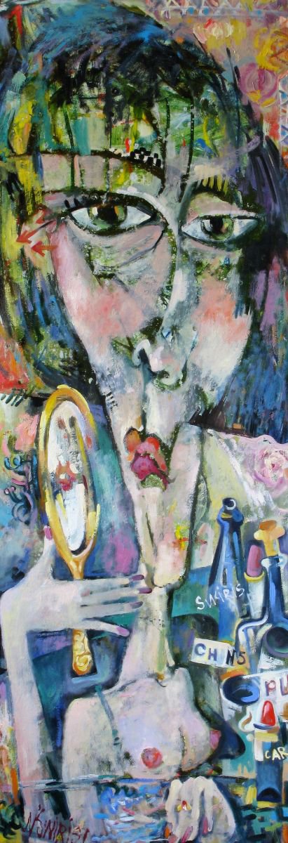 Expressive Abstract Oil Painting By Nikifor Swiristuhin, 20 X 55", Girl With A Mirror., Original Artwork