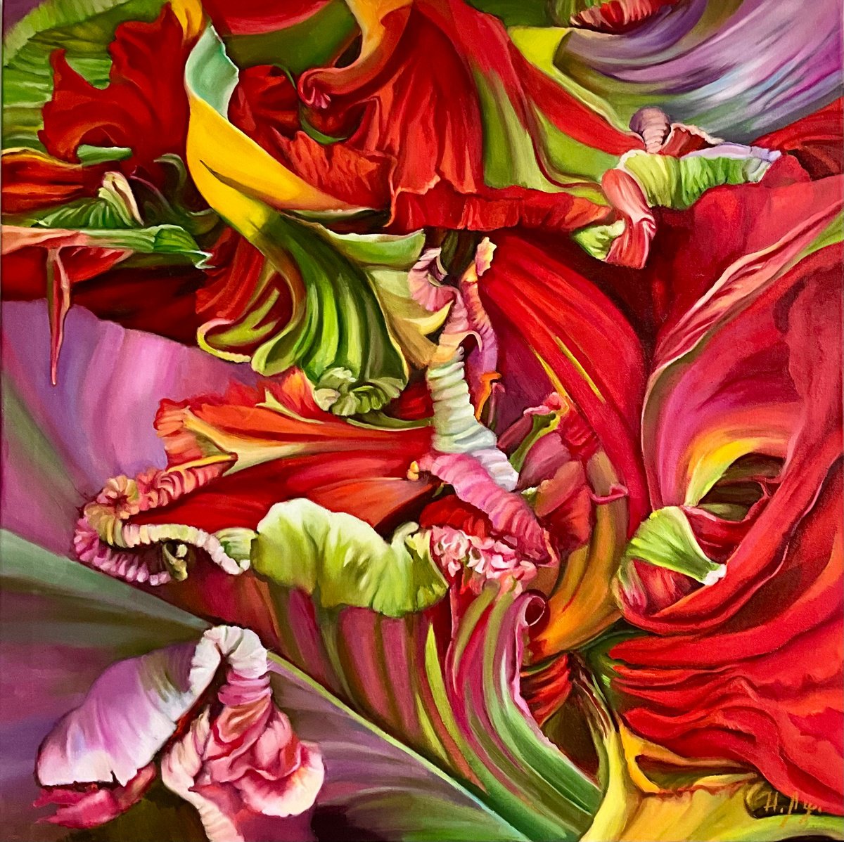 Organic Botanical Oil Painting By Natalia Lugovskaya, 39 X 39", Colorful Tulips, Original Artwork