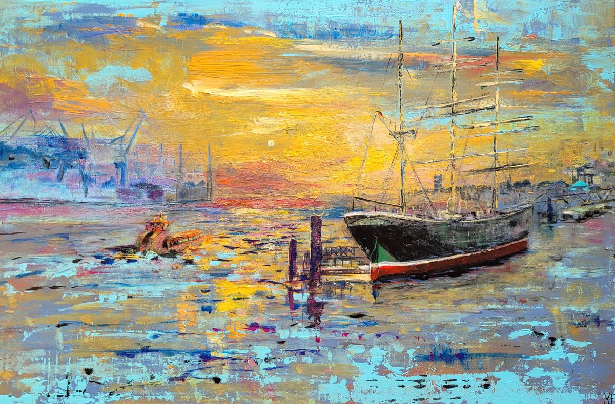 Impressionistic Cityscapes Acrylic Painting By Kathrin Floge, 35 X 24", Sunset At Hamburg Harbour, Original Artwork