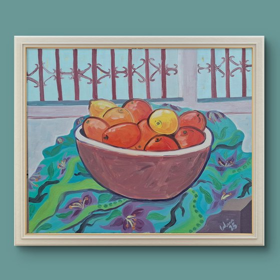 Still life with oranges and lemons.