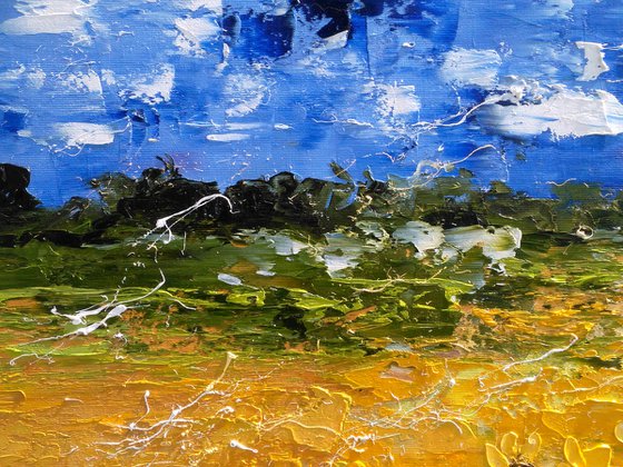 Ukraine Painting Landscape Original Art Sunflower Field Oil Impasto Artwork Ukrainian Sky Home Wall Art 20 by 12 inches