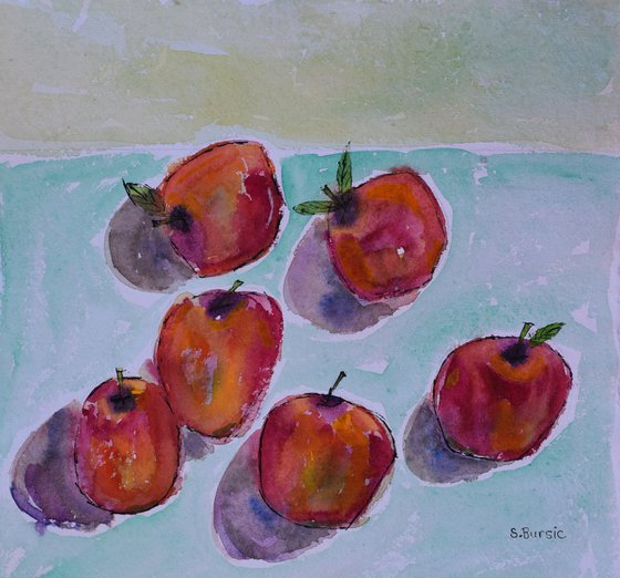 Red Apples on Hand Made Paper Watercolour & Indian Ink