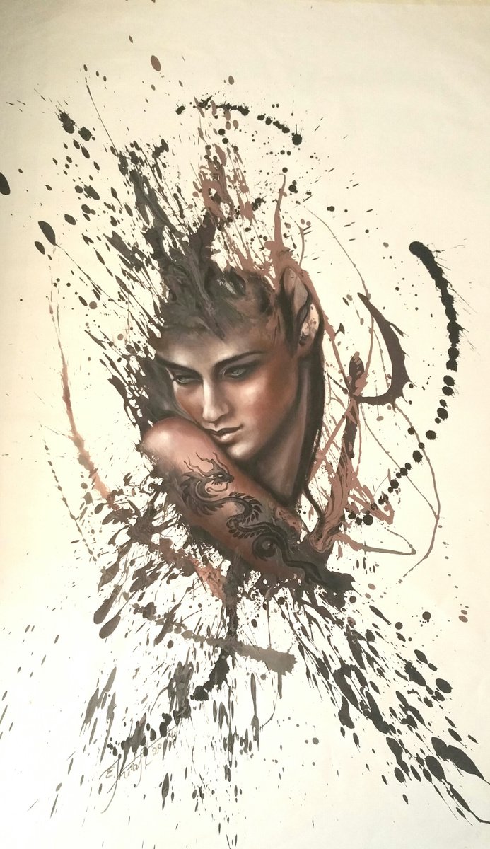 Expressive Portrait Painting By Elena Kraft, 34 X 55, Dragon Soul, Original Artwork