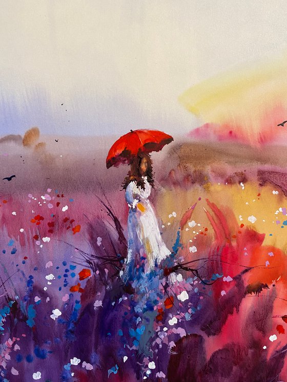 Watercolor “Three wonders of Summer: rainbow, lavender and poppies” perfect gift