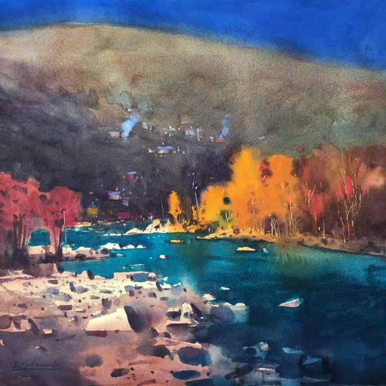 Autumn landscape with a river. Original watercolor painting large size. 55x55 cm