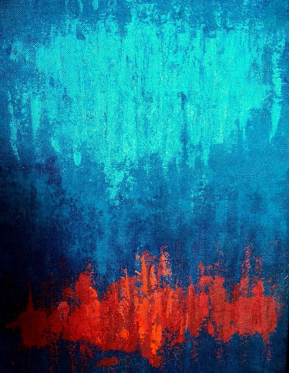 Organic Abstract Acrylic Painting By Asha Shenoy, 14 X 18, Vibrant Reds And Blues, Original Artwork