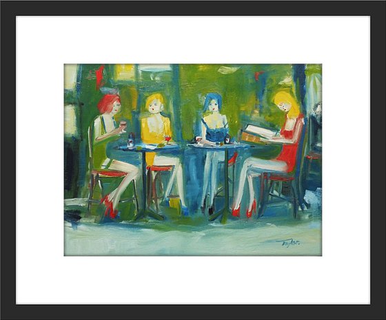 GIRLS PRETTY FASHION MODELS, STILETTO HEELS, RED WINE, RESTAURANT. Original Female Figurative Oil Painting. Varnished.