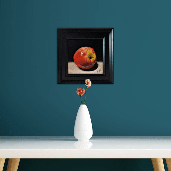 Apple oil painting still life on canvas, framed ready to hang.