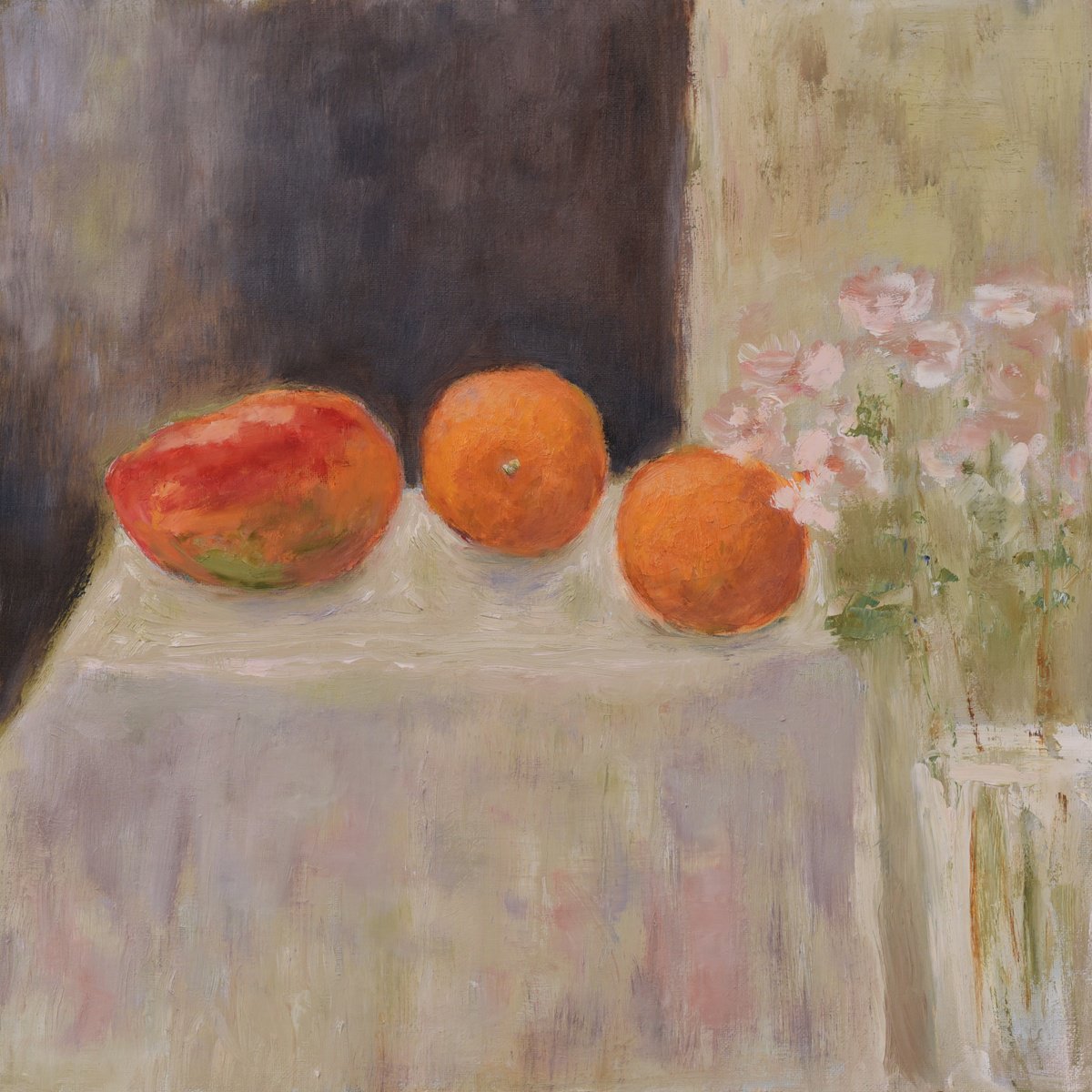 Impressionistic Still Life Oil Painting By Elena Zapassky, 18 X 18, Still Life With Mango Fruit, Original Artwork