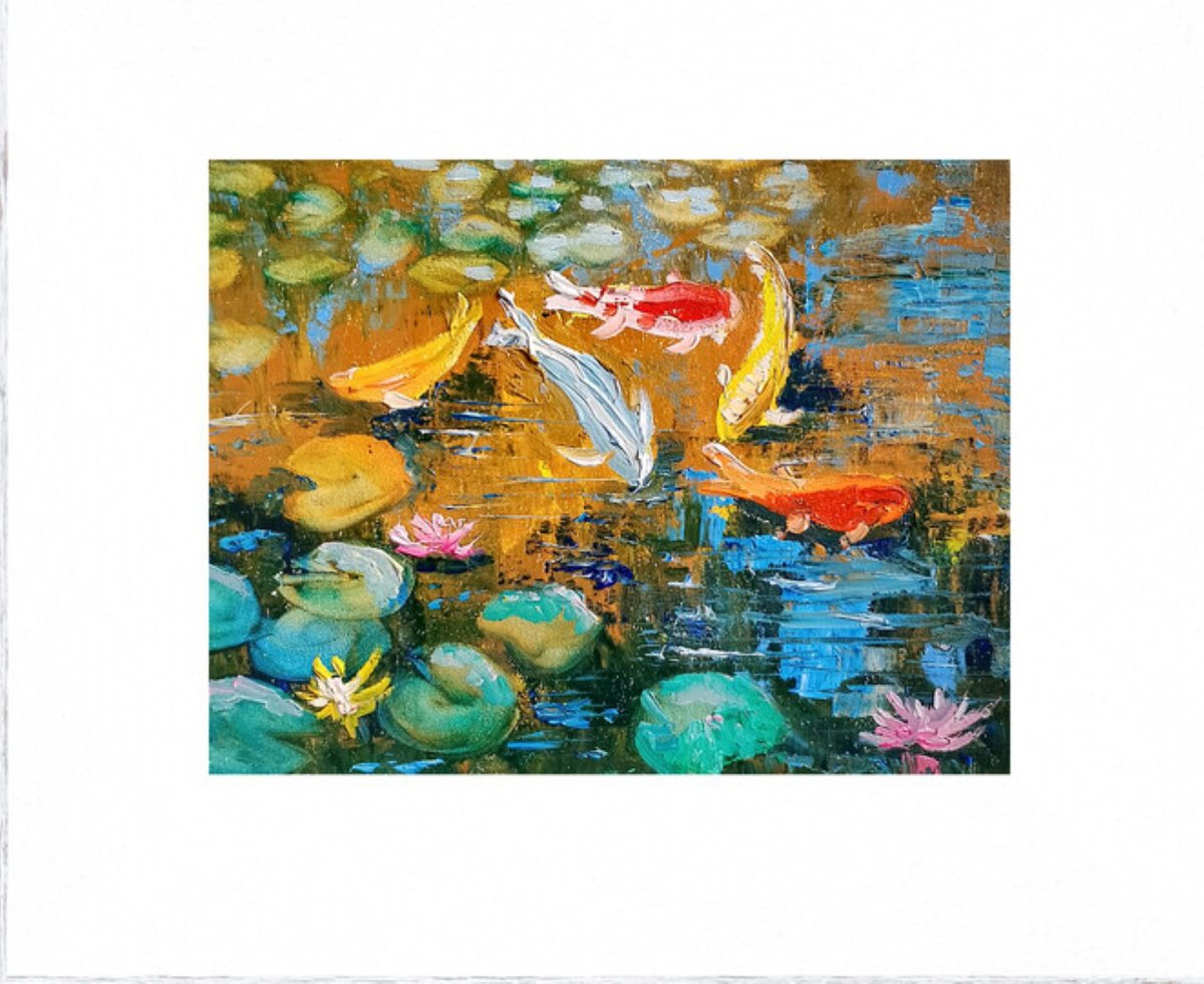 Impressionistic Animal Oil Painting By Tetiana Pchelnykova, 9 X 7", Colorful Fish In The Pond, Original Artwork
