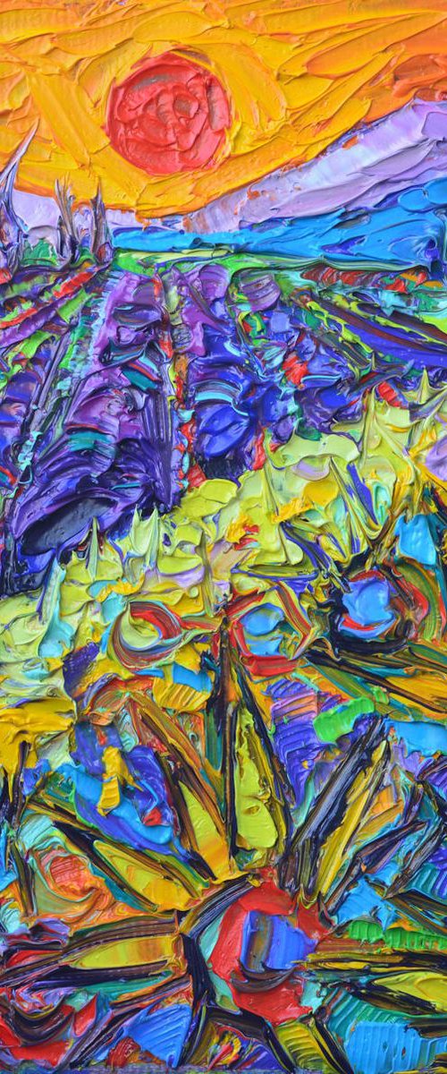 SUNFLOWERS AND LAVENDER FIELDS AT SUNSET 9 contemporary abstract impressionist mini landscape original palette knife oil painting by Ana Maria Edulescu by ANA MARIA EDULESCU