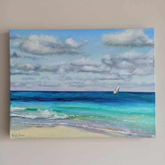 Sailboats oil painting blue ocean landscape wall decor 12x16"