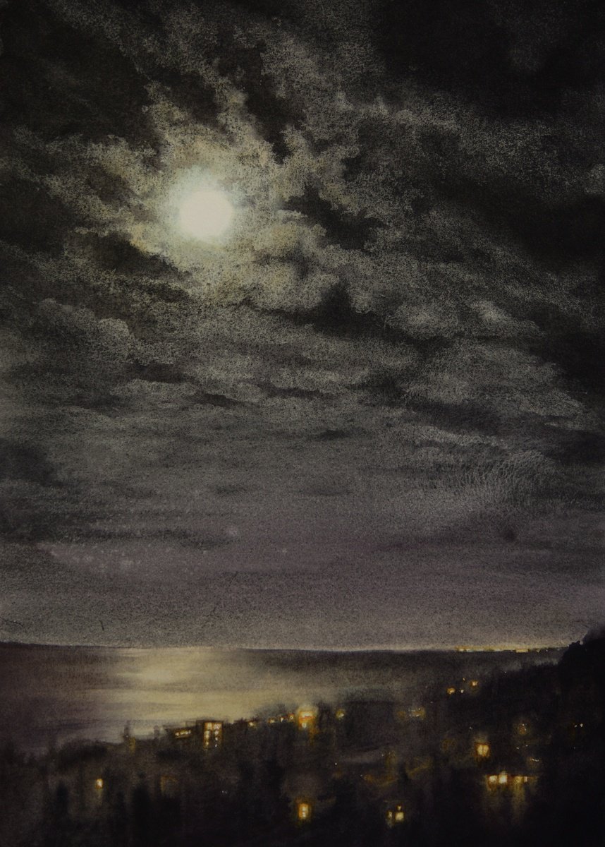 Moonlit Serenity - Moon in Clouds over Sea by Olga Beliaeva Watercolour